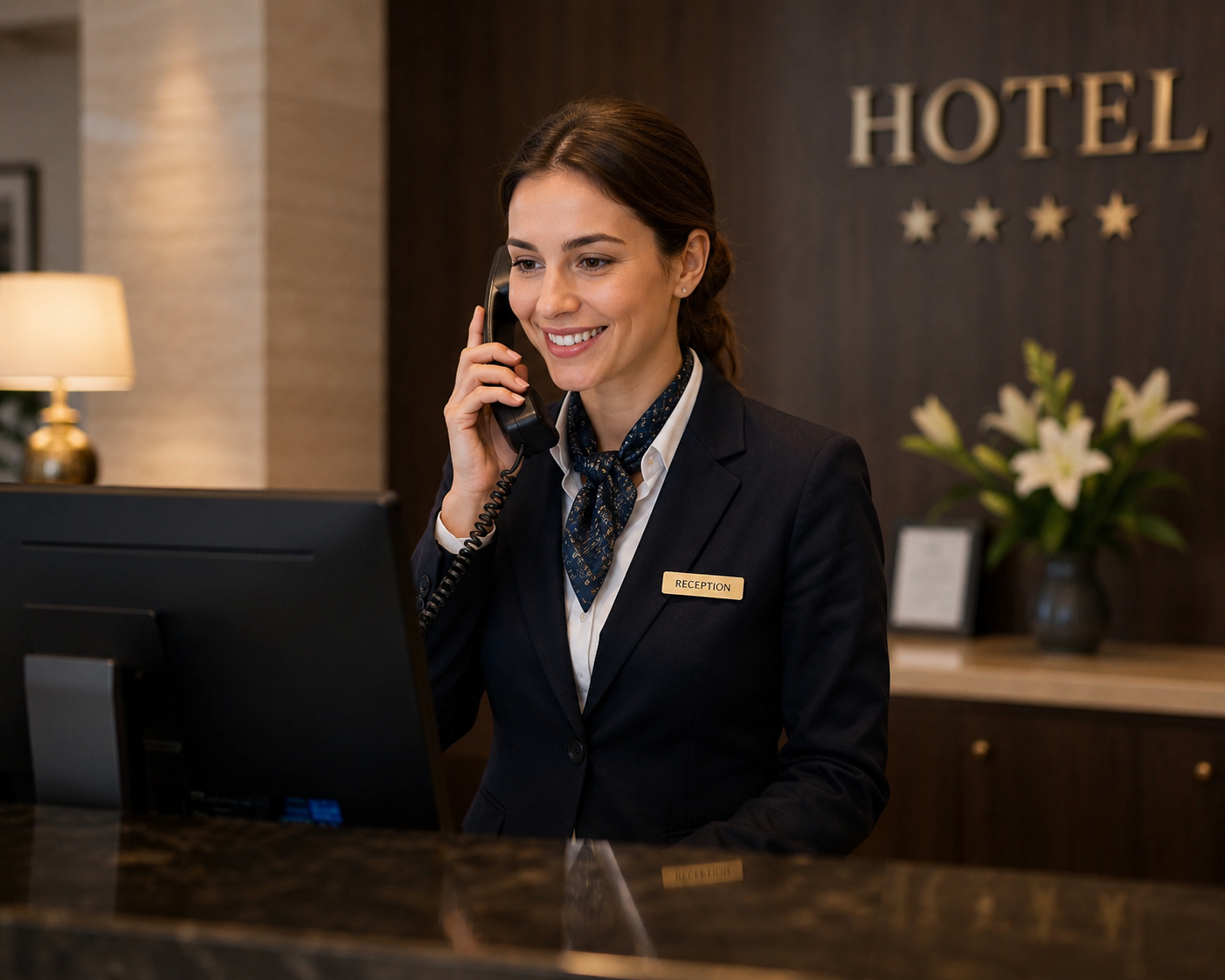 Mitarbeiterin Hotel Rezeption telefoniert