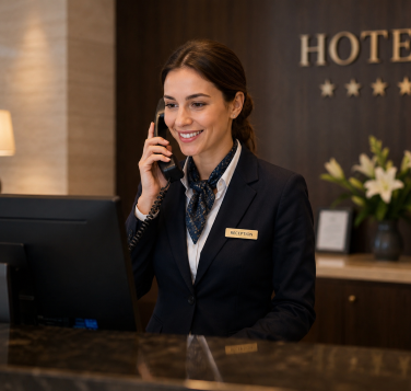 Mitarbeiterin Hotel Rezeption telefoniert
